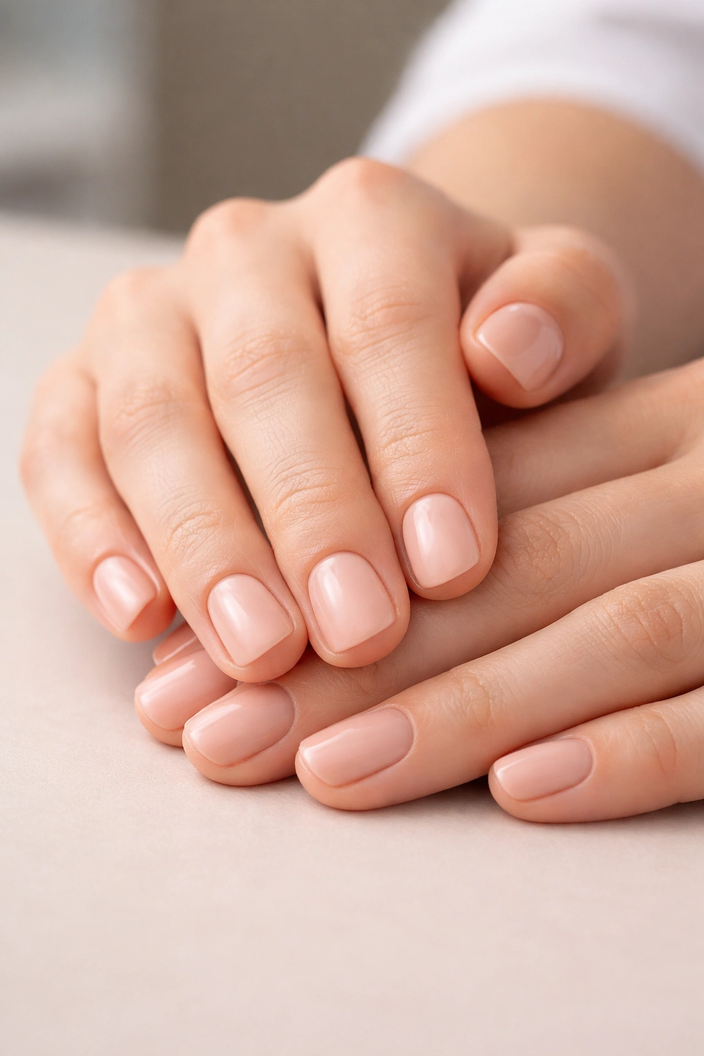 Close-up of hands with short nails in nude polish on neutral surface