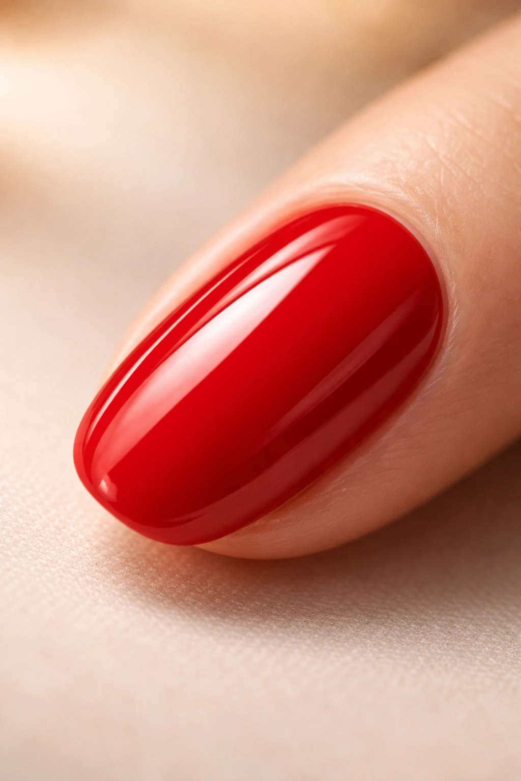 Close-up of glossy red manicure on a neutral surface with warm lighting