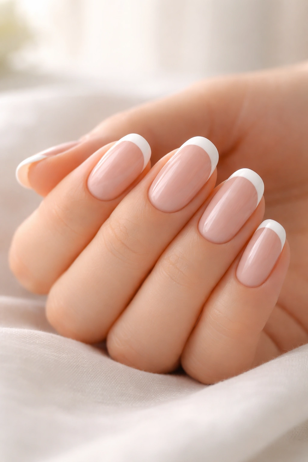 Hand with flawless French manicure on round nails in a calm setting