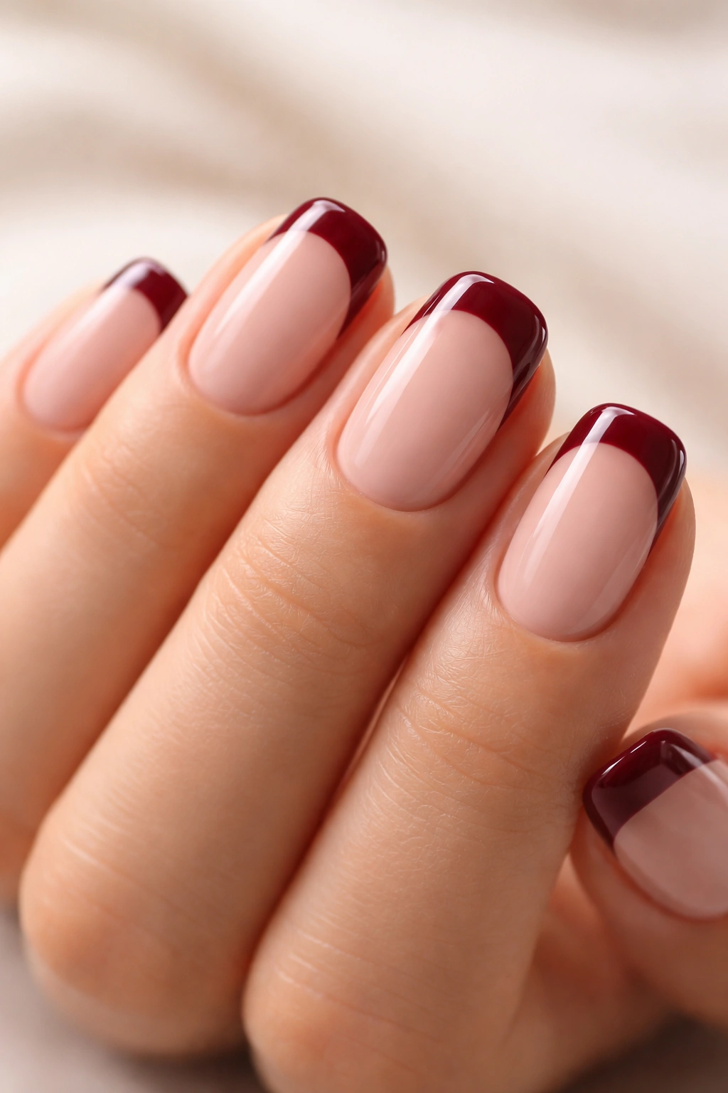 Close-up of a hand with short squoval nails in nude and burgundy glossy finish