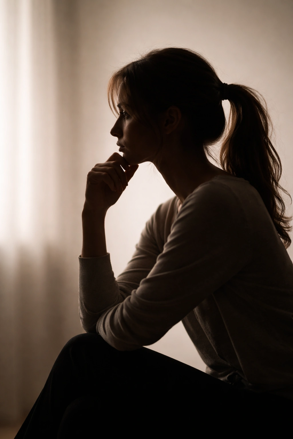 Silhouette of a person in a contemplative pose against a neutral backdrop