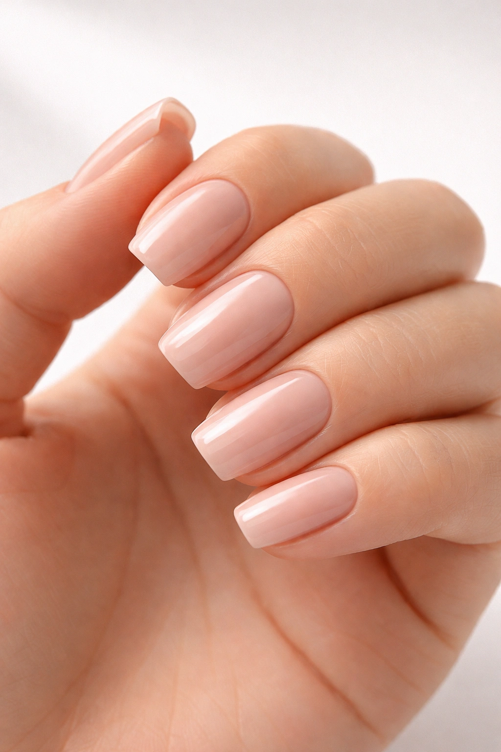 Close-up of squoval nails in nude shade showcasing final manicure