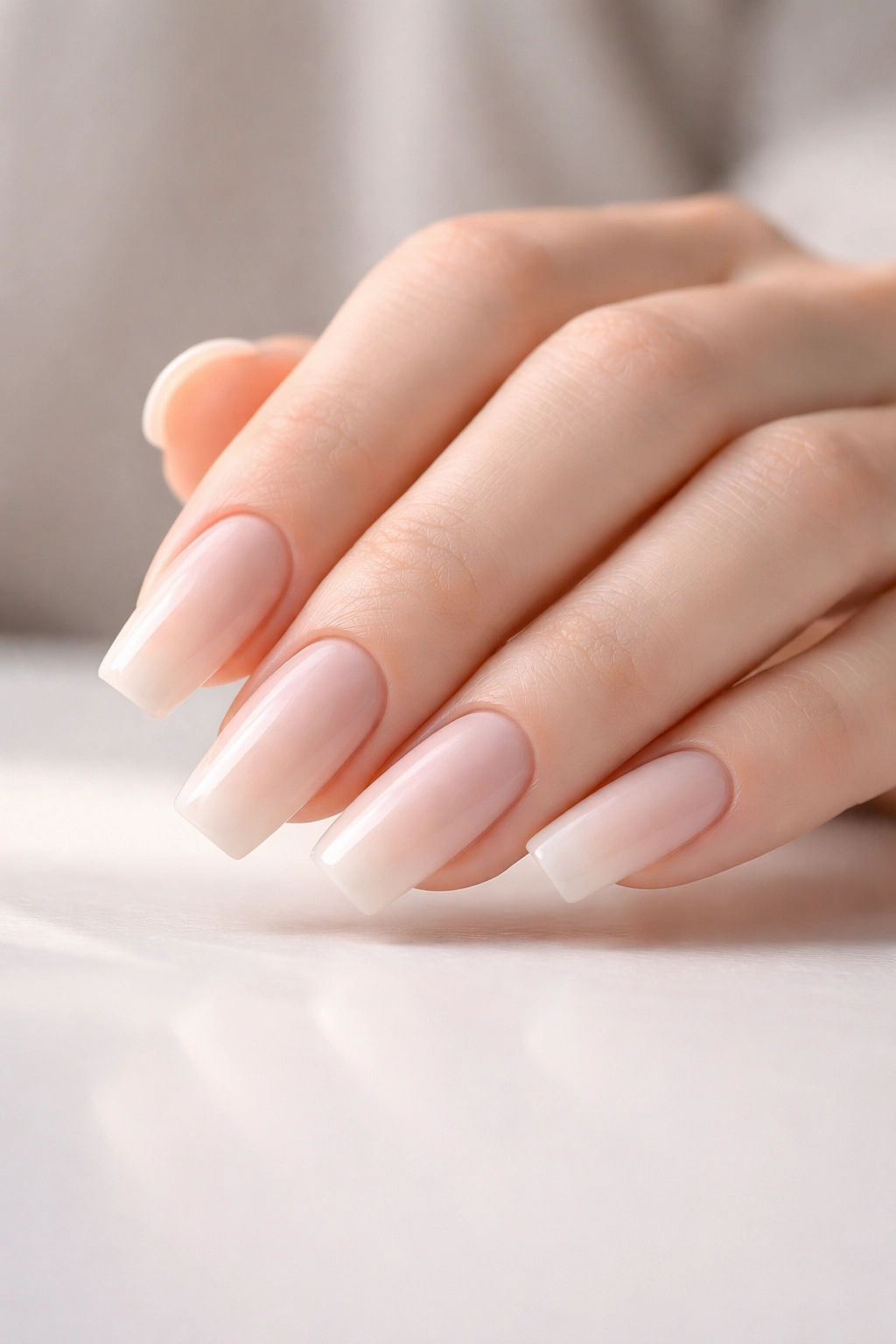 Close-up of long squoval nails in a minimalist manicure