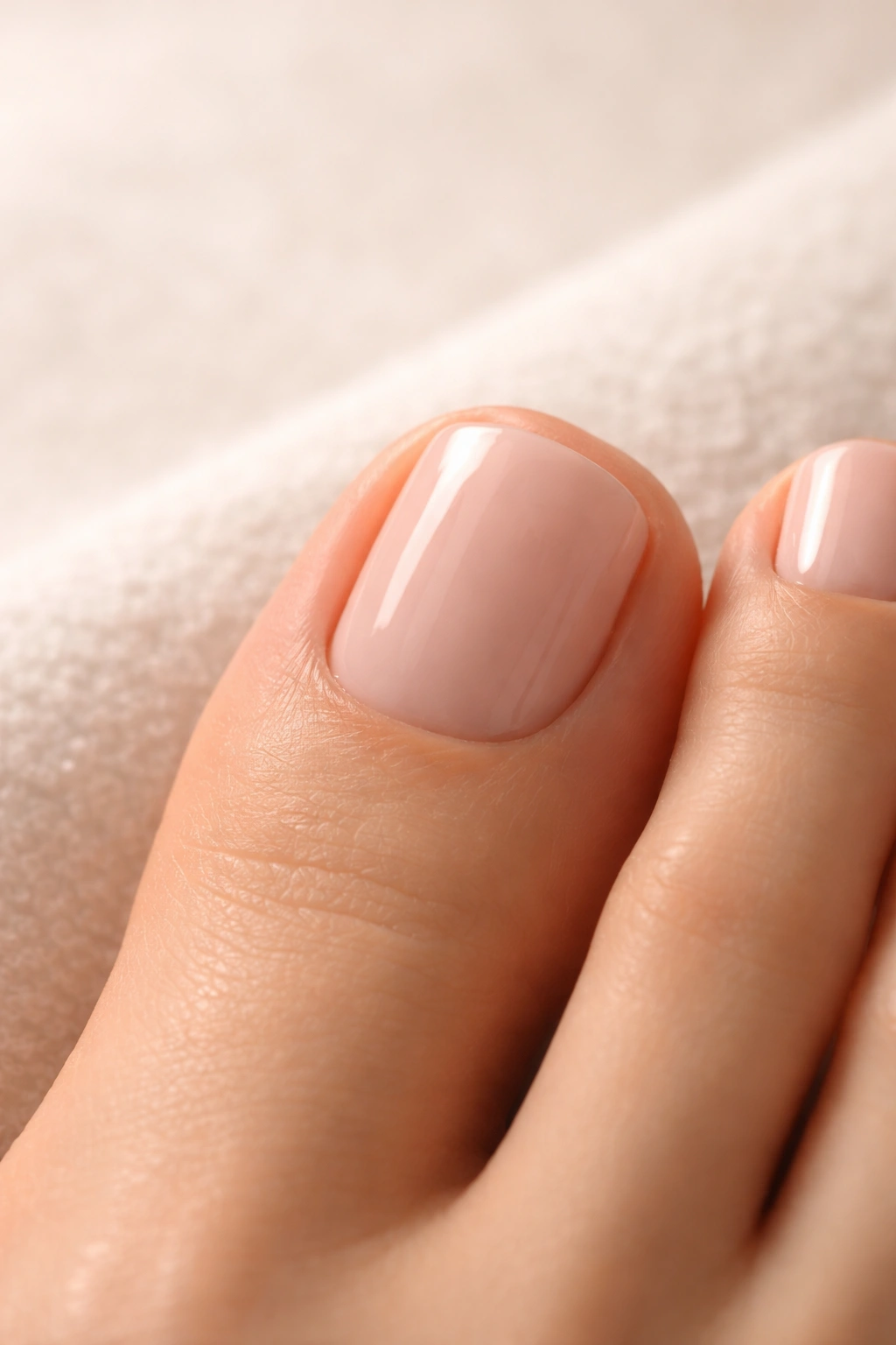 Minimalist close-up of a toenail with neutral polish on a soft background