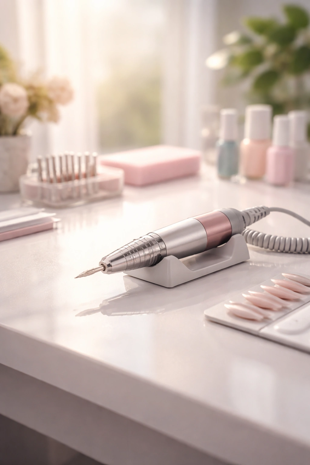 Nail drill resting on a clean desk in a calm final thoughts setup