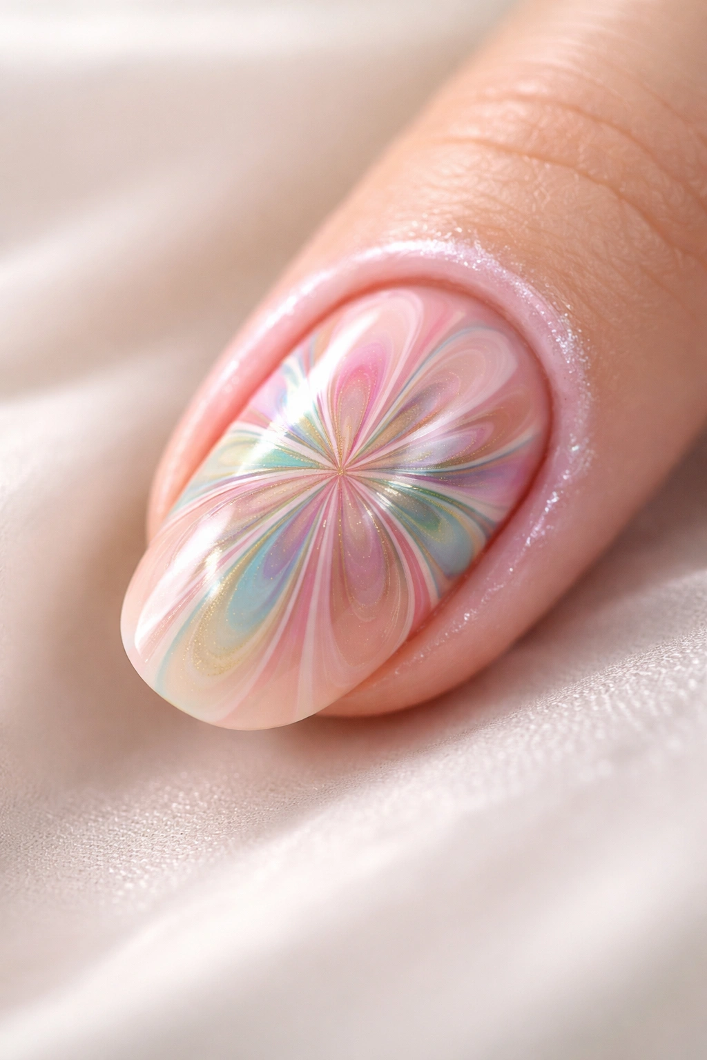 Close-up fingernail with starburst water marble on nude base