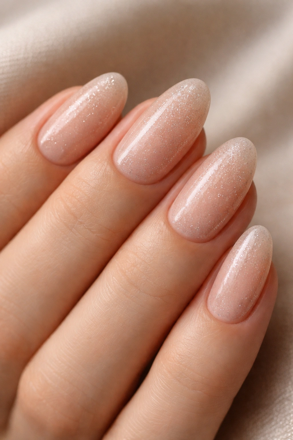 Close-up of short almond nails with nude base and fine champagne shimmer
