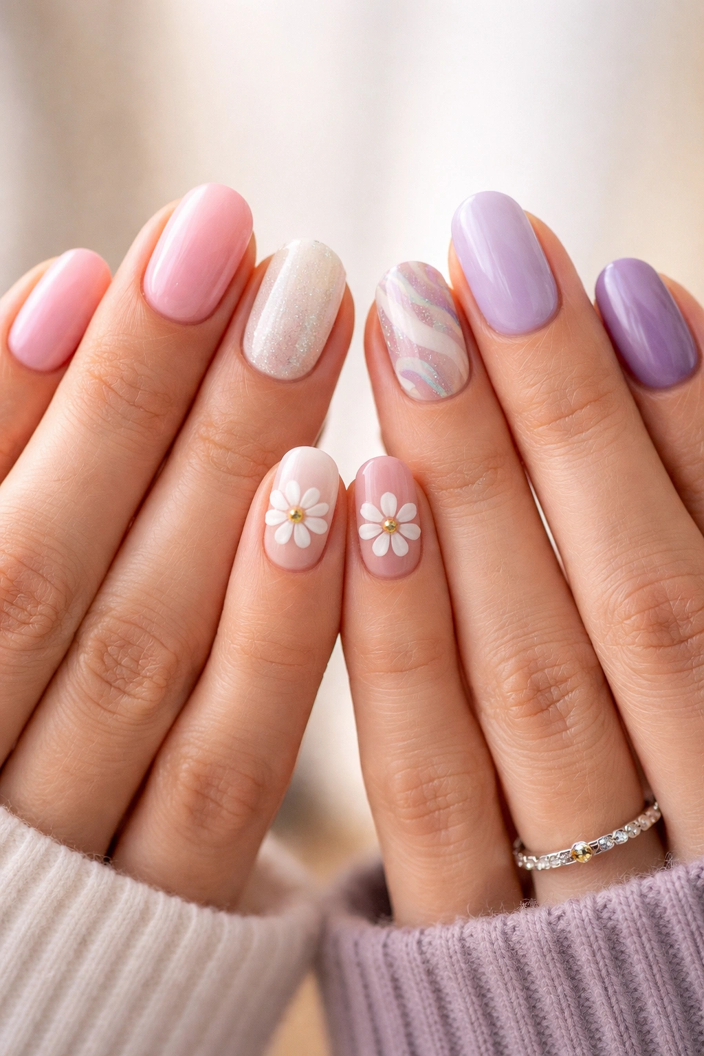 Hands showing matching ring finger designs with other nails differing.