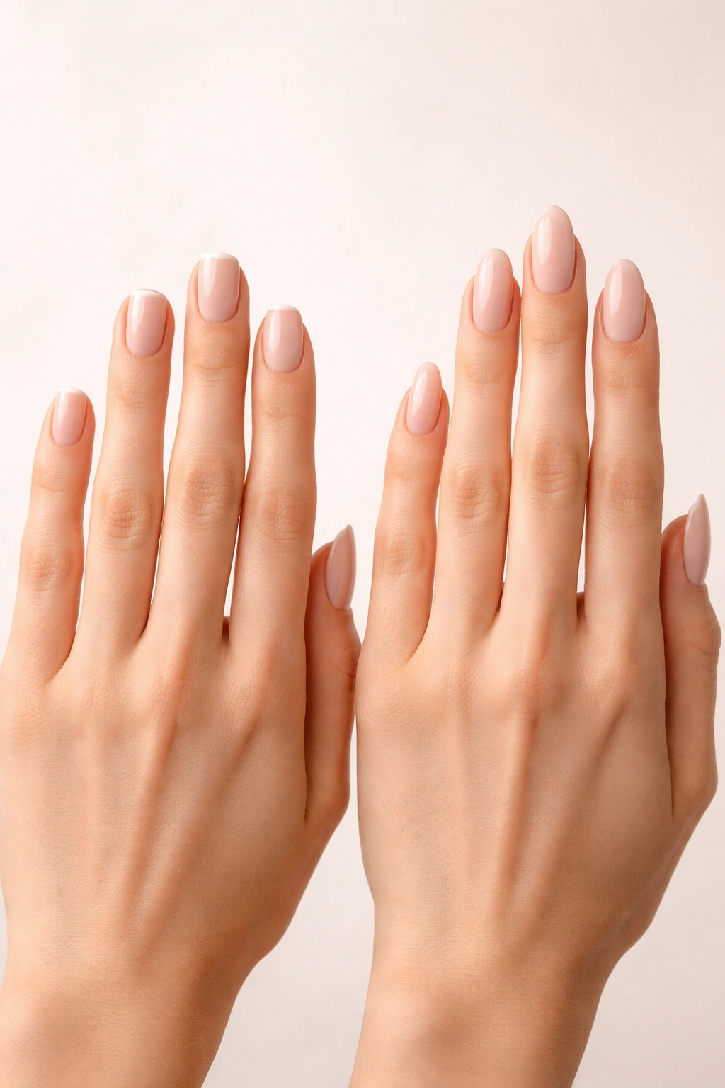 Two hands with different finger lengths and nails to illustrate how length affects nail shape choices