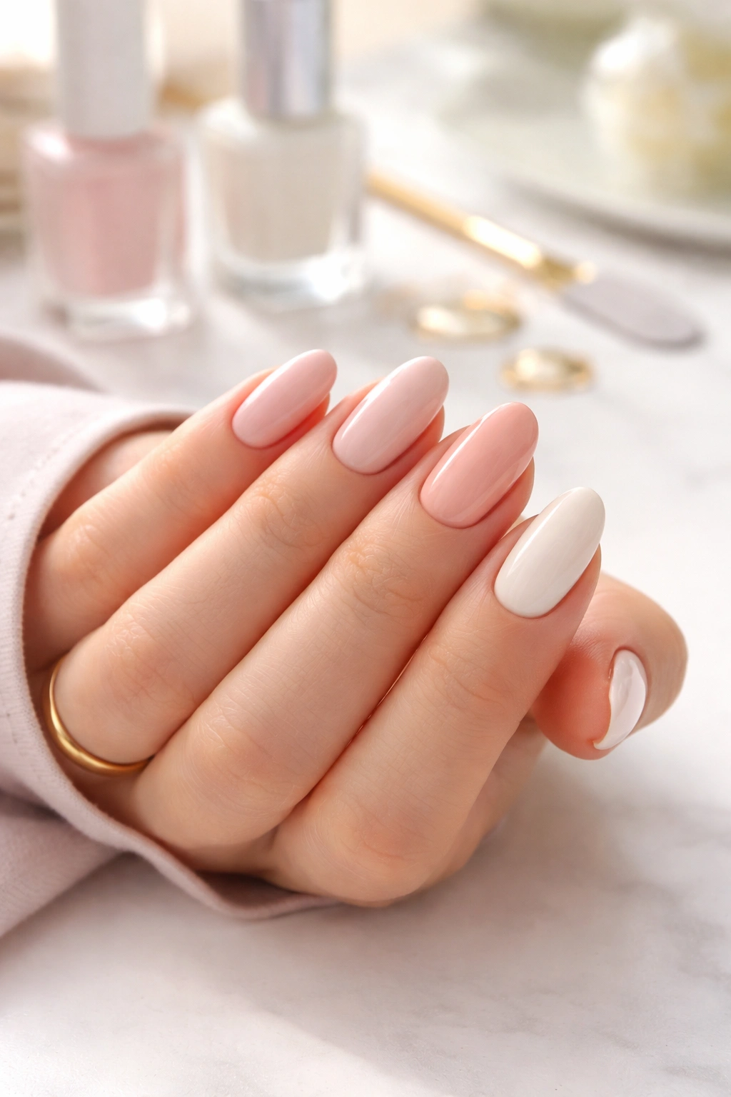 Finished manicure on a hand with a clean, elegant look.