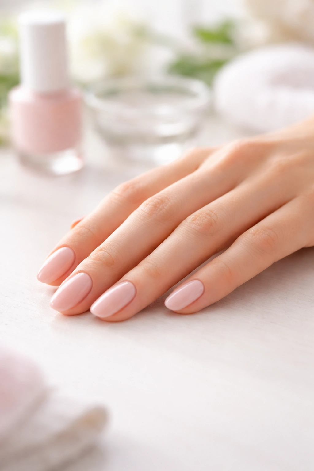 Hand with finished manicure showing nails set and dry