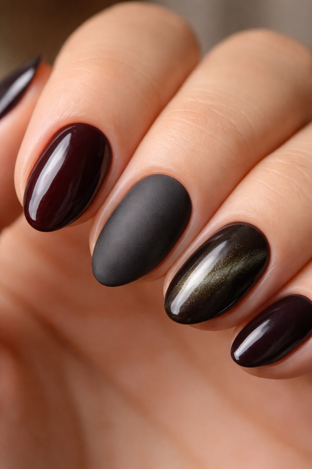 Three short almond nails showing gloss, matte, and cat-eye finishes on a hand
