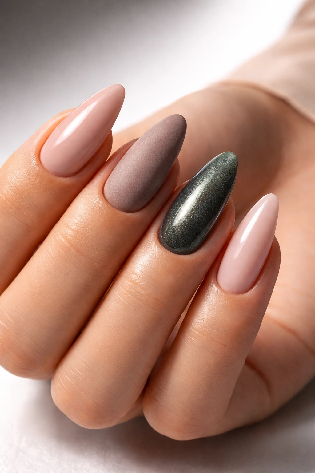 Almond nails showing glossy, matte, velvet, and cat-eye finishes