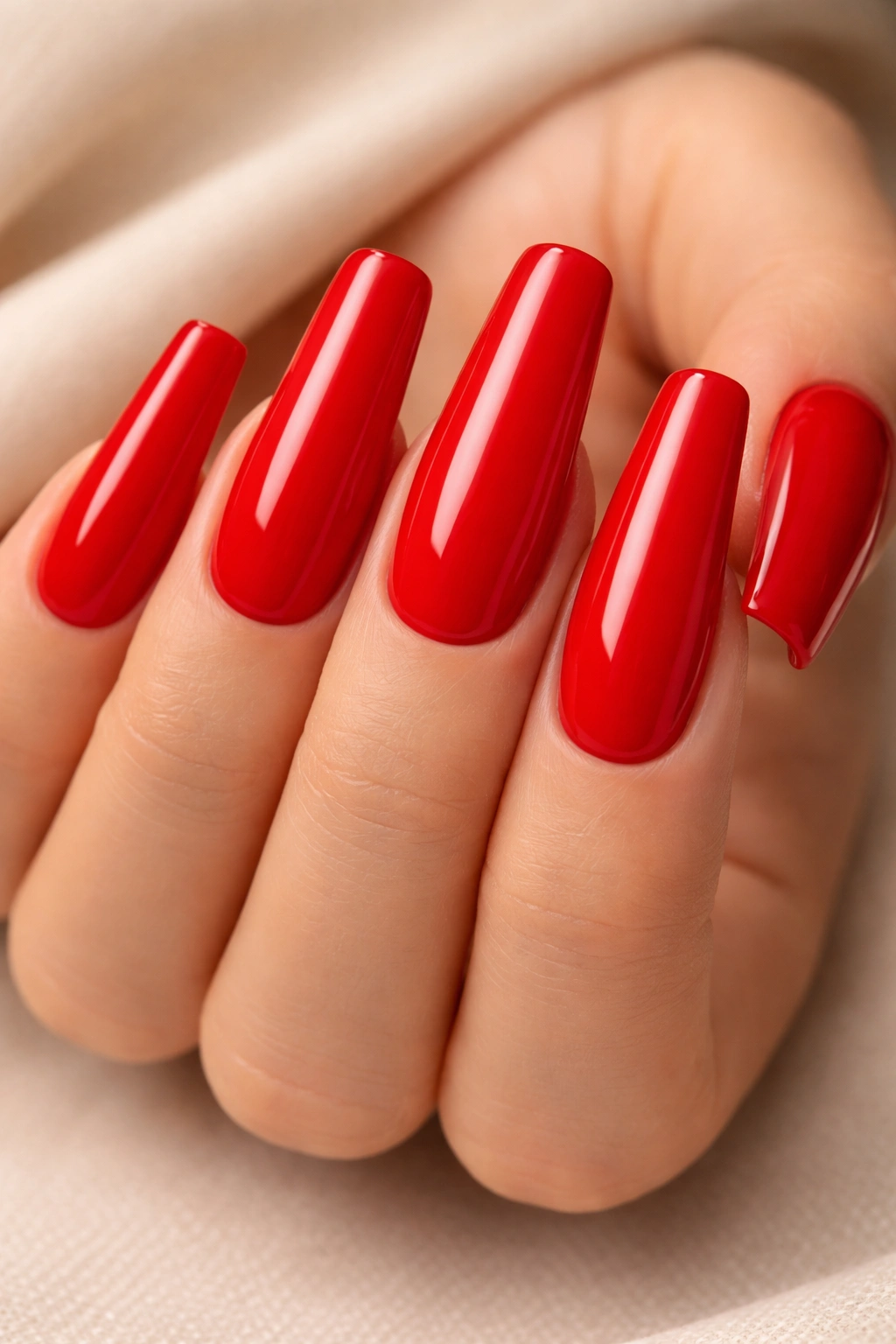Close-up of fire-engine red cream nails on long ballerina tips with smooth uniform color