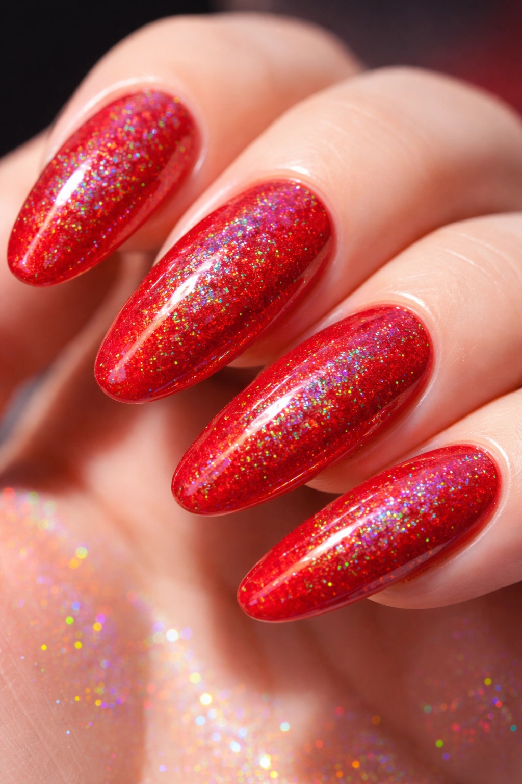 Fire engine red nails with holographic sparkle on curved tips.