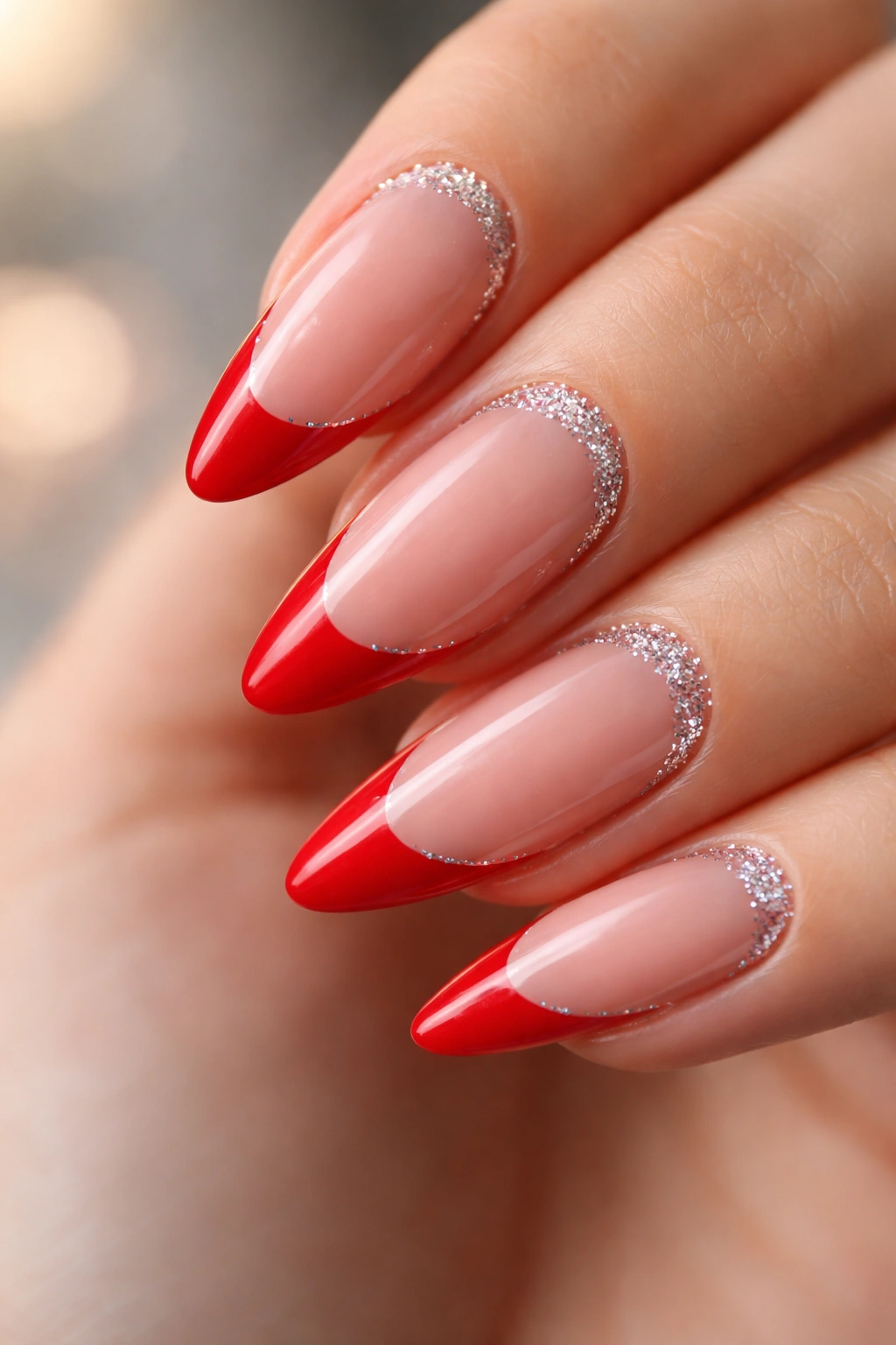Close-up of almond nails with fire red tips and glitter cuticle on nude base