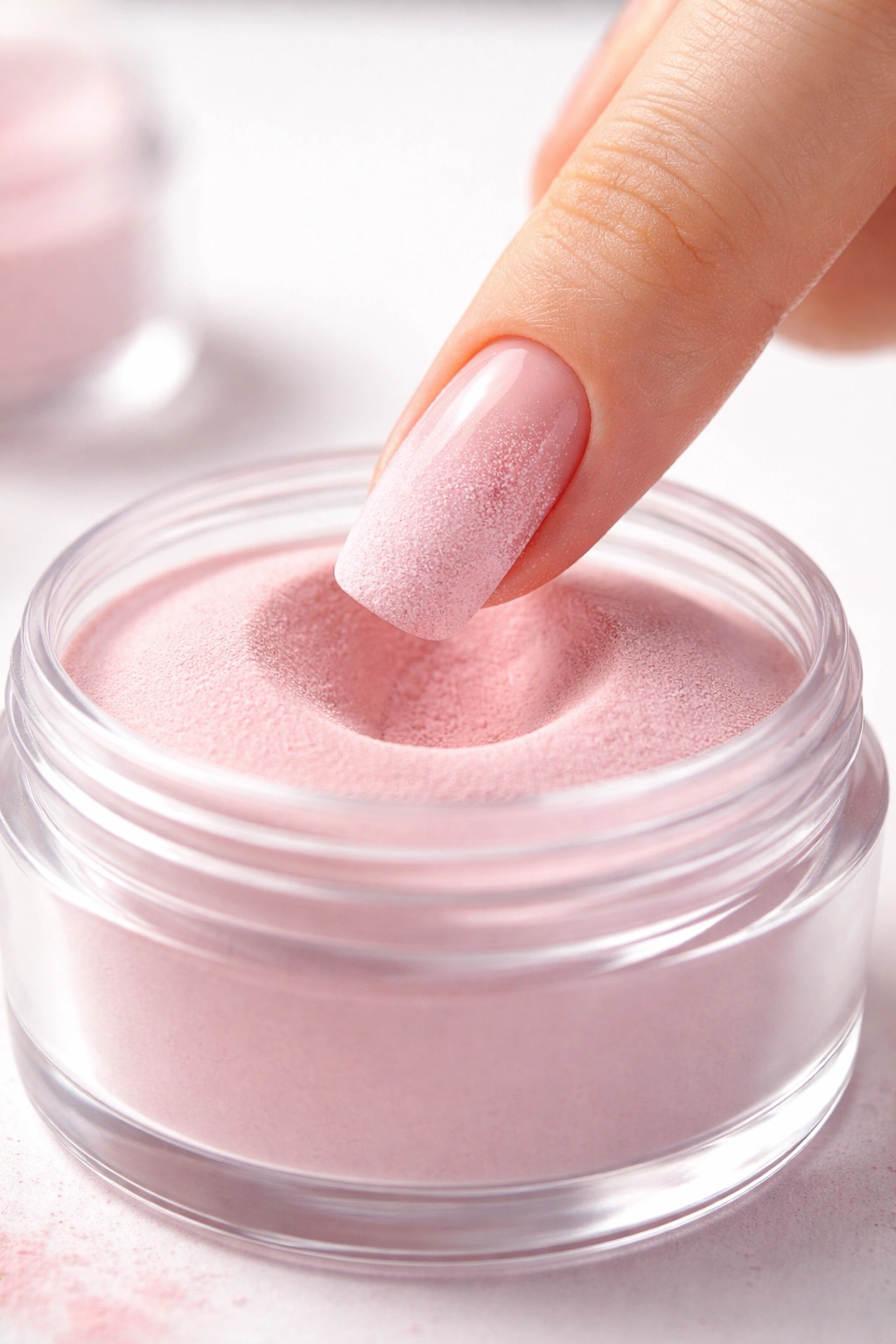 Nail dipped into colored dip powder for first layer