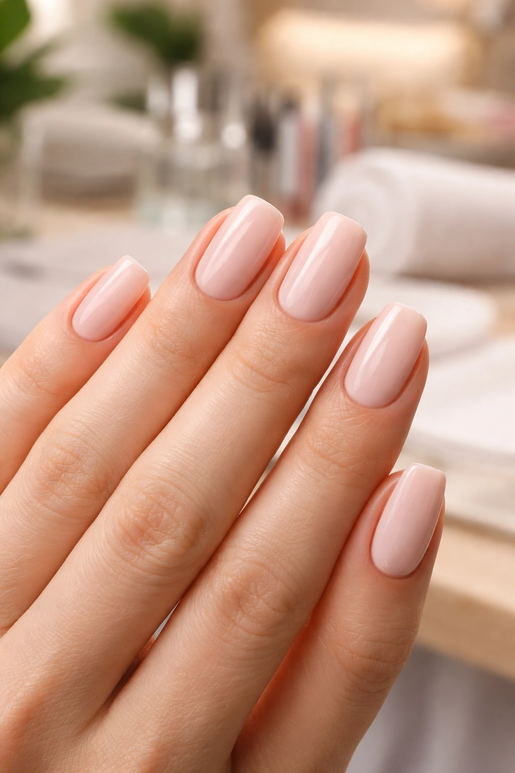 Hand with fresh squoval nails in a calm salon setting