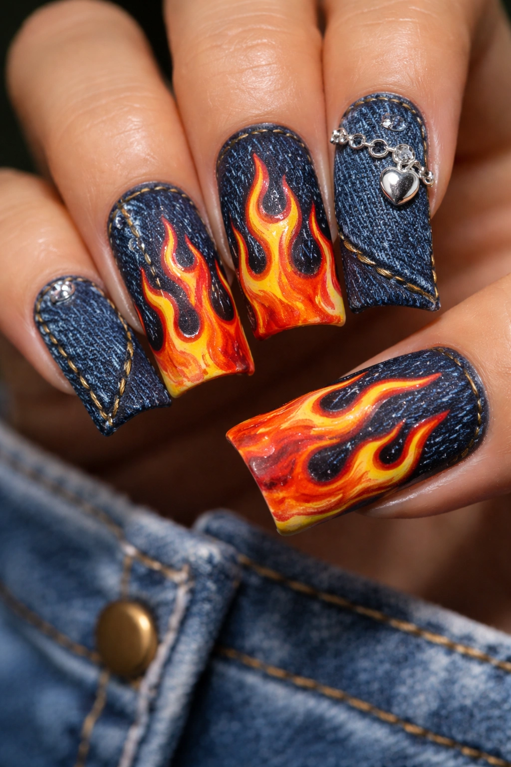 Duck nails with fiery flame motifs on dark denim base