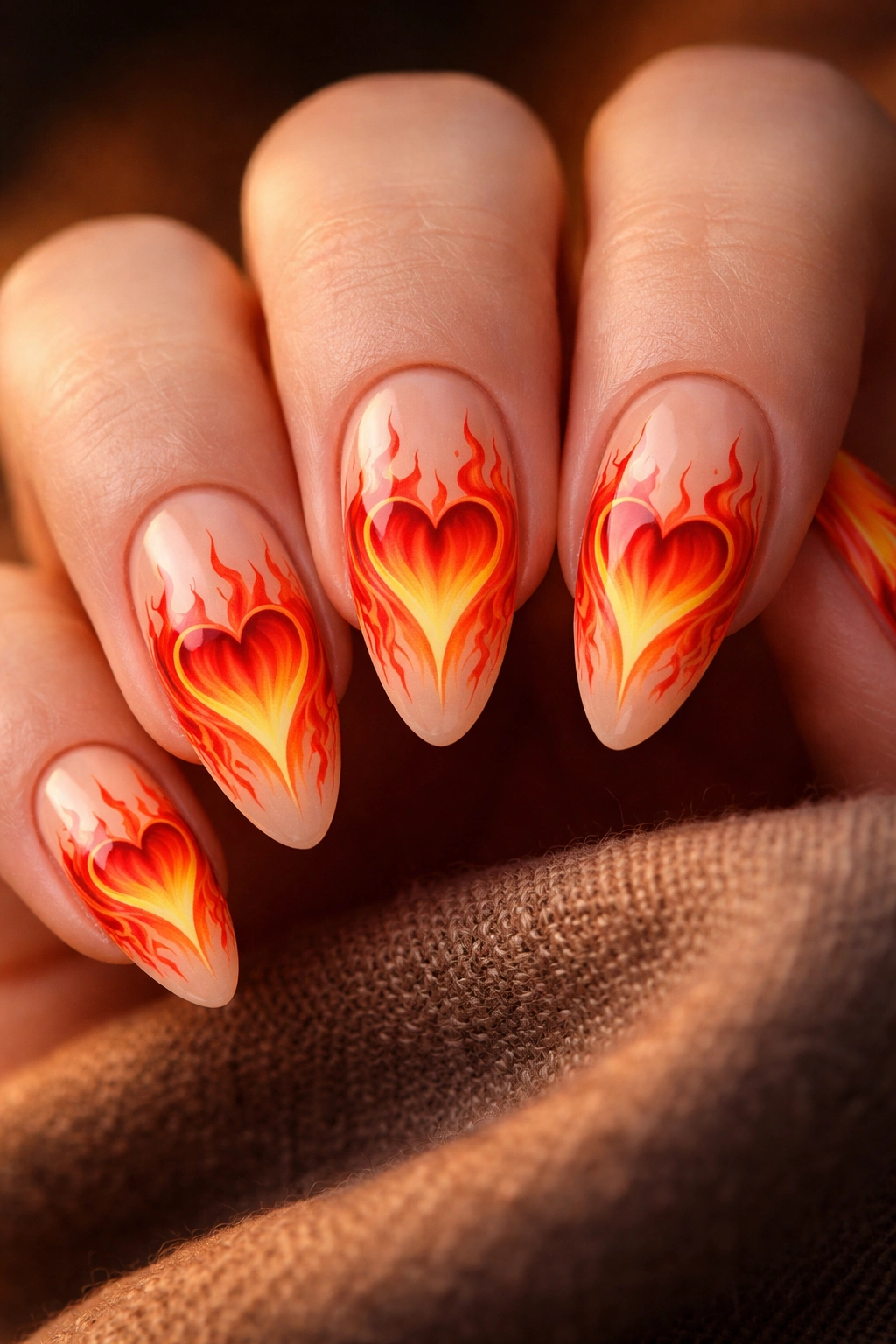 Close-up of flame heart nail designs on fingertips