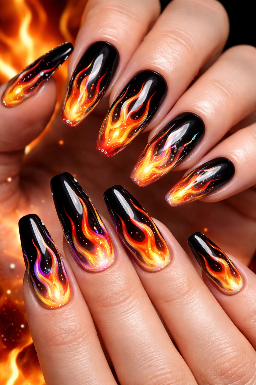 Nails with gradient flame design in yellow orange red