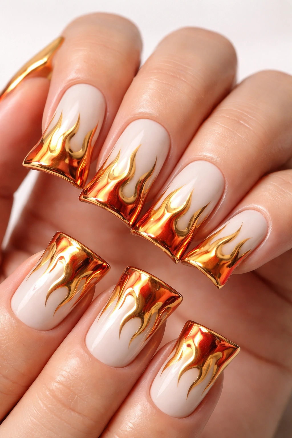 Close-up of duck nails with white base and gold flame tips