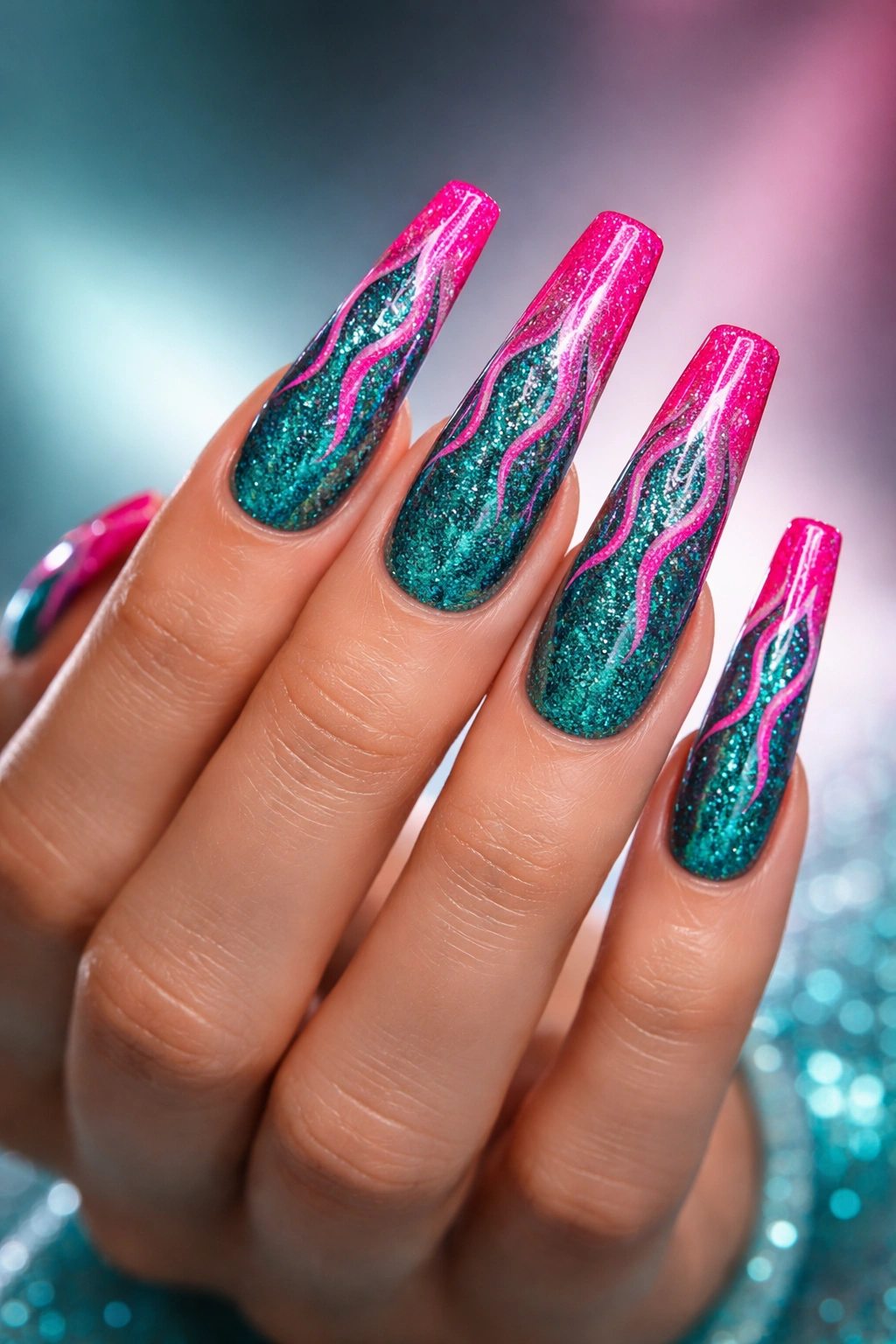 Close-up of long acrylic nails with teal glitter base and hot pink flame tips.