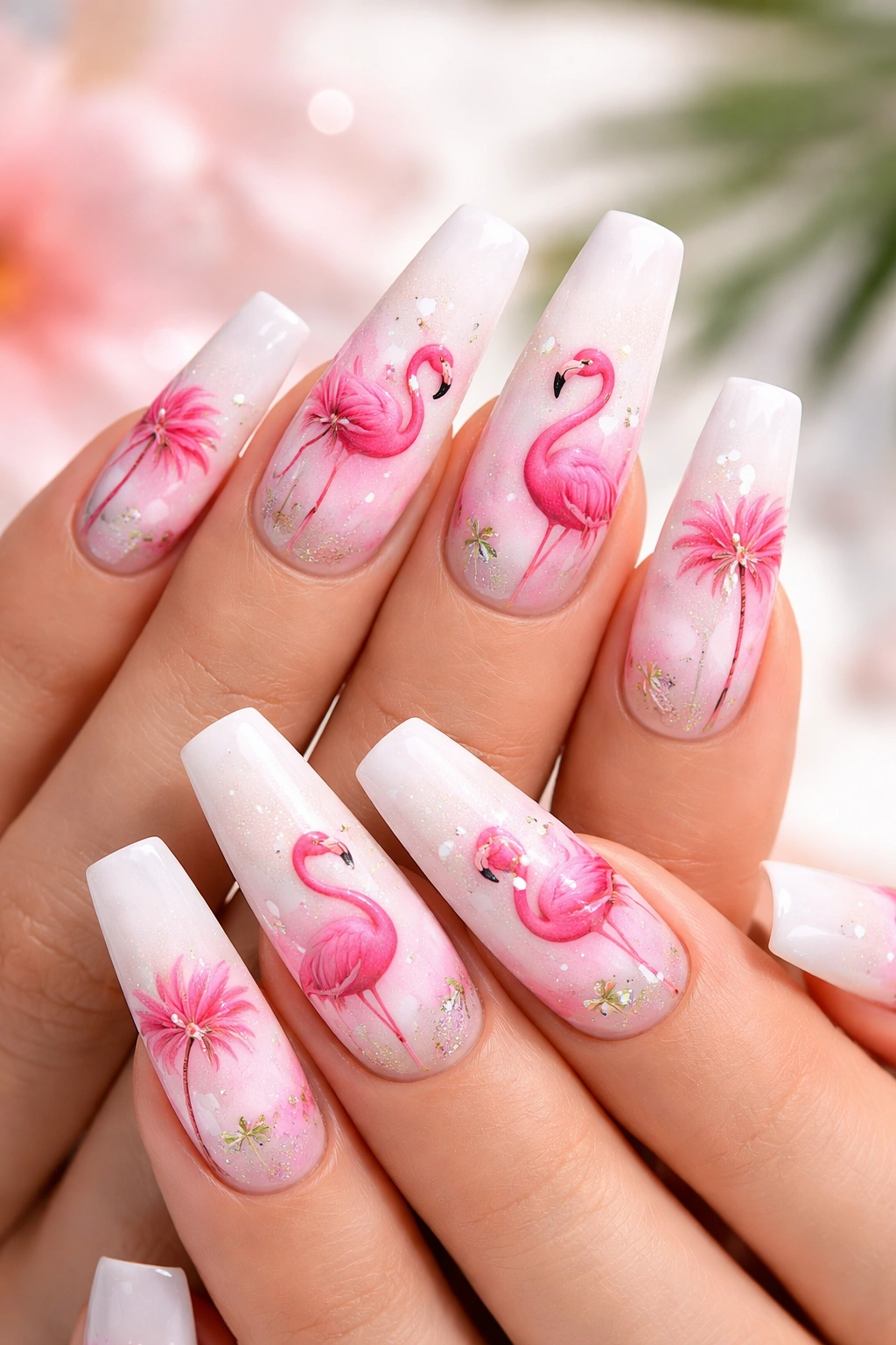 Close-up of flamingo-themed coffin nails on a pale background