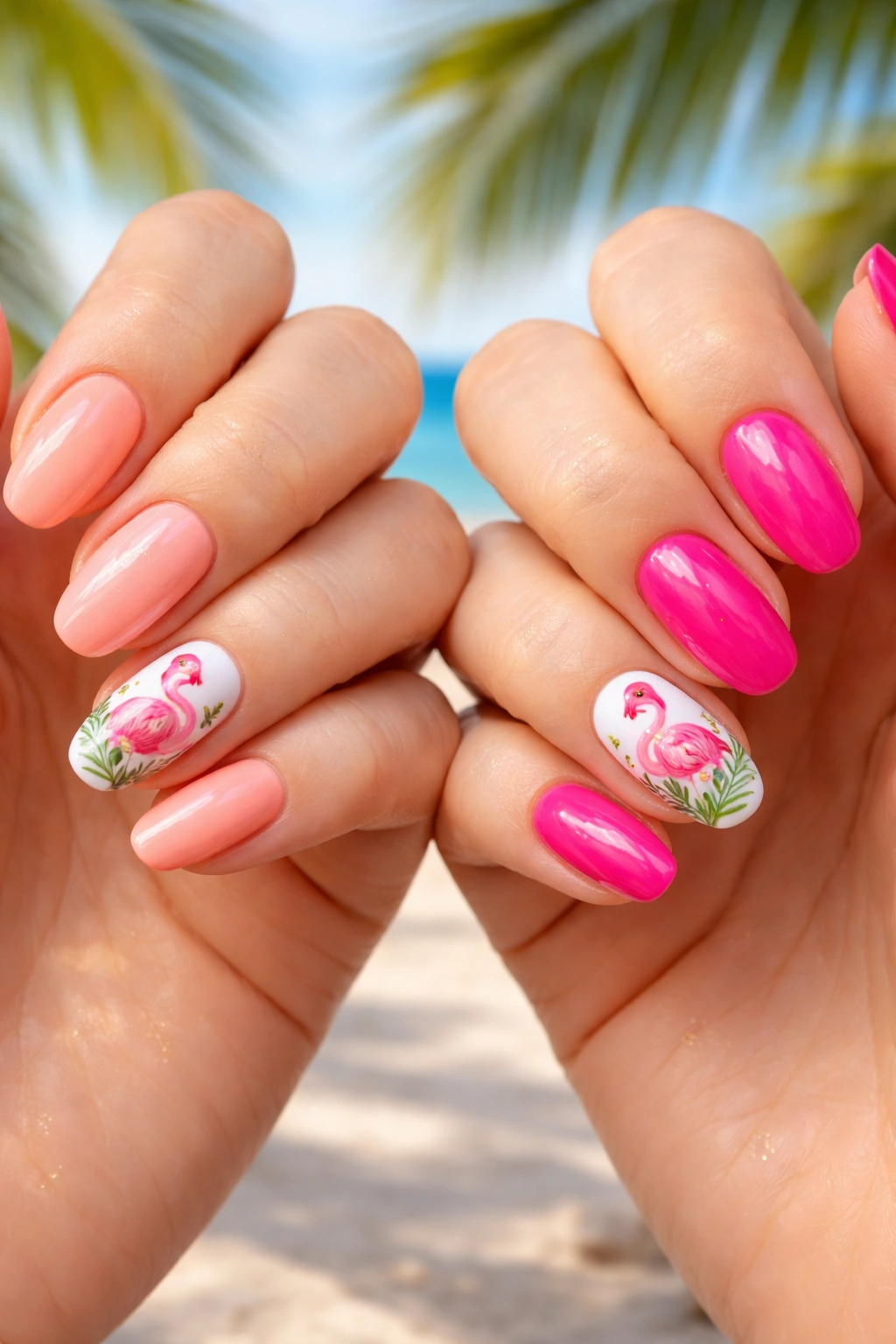 Flamingo pink nail designs with lighter and saturated shades