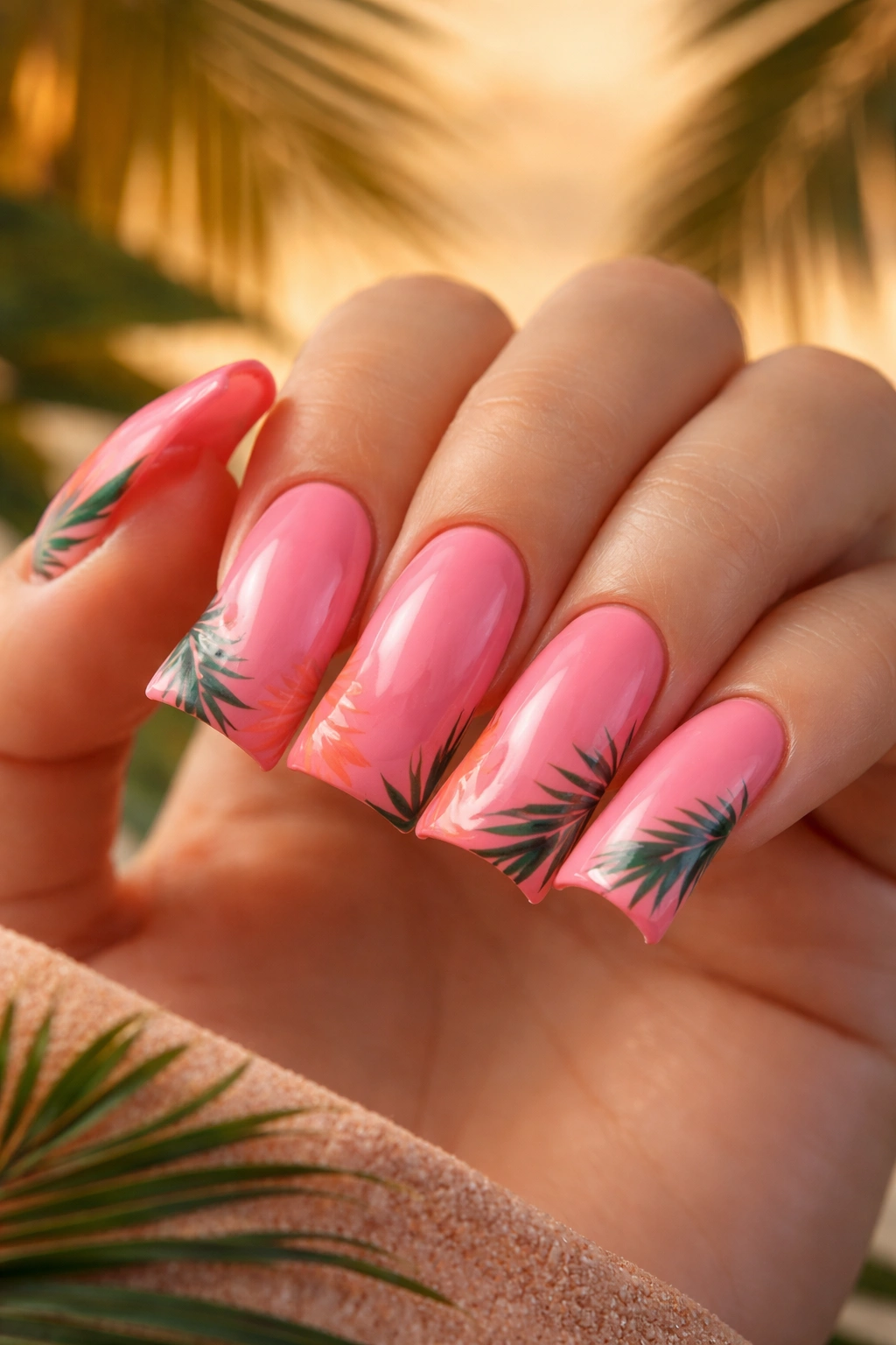 Close-up of flamingo pink duck nails with palm leaf designs along the sides