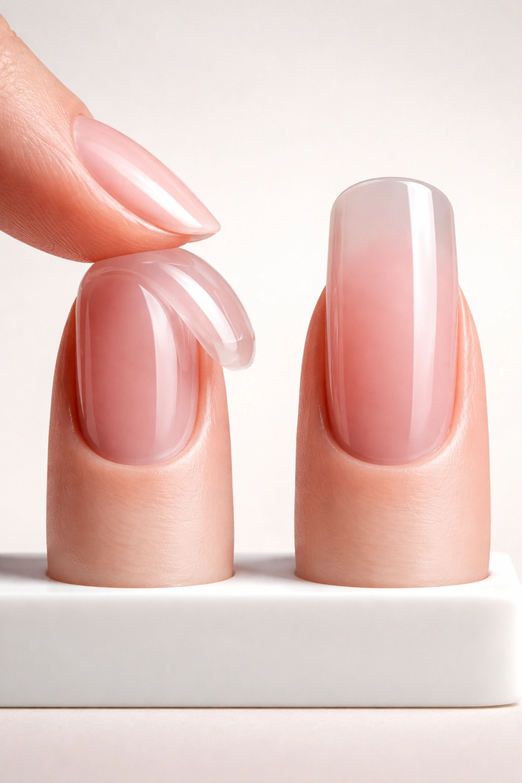 Two gel nails illustrating flexible vs rigid properties