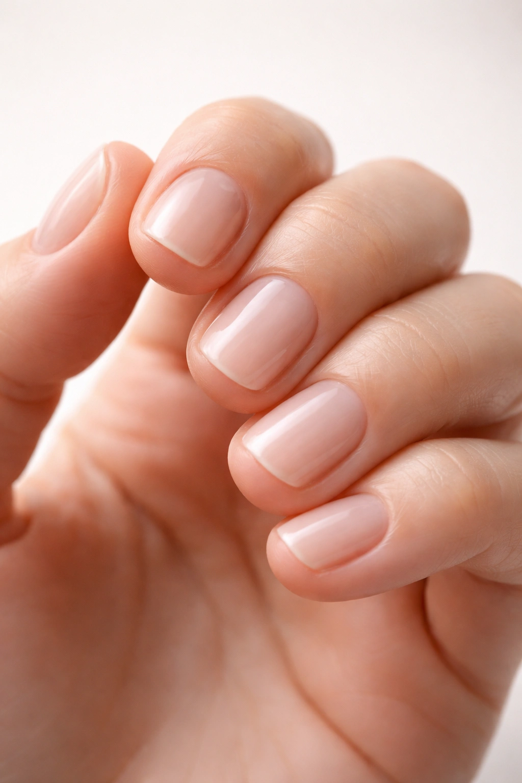 Close-up of a hand with short nails flexing fingers to show nail flexibility