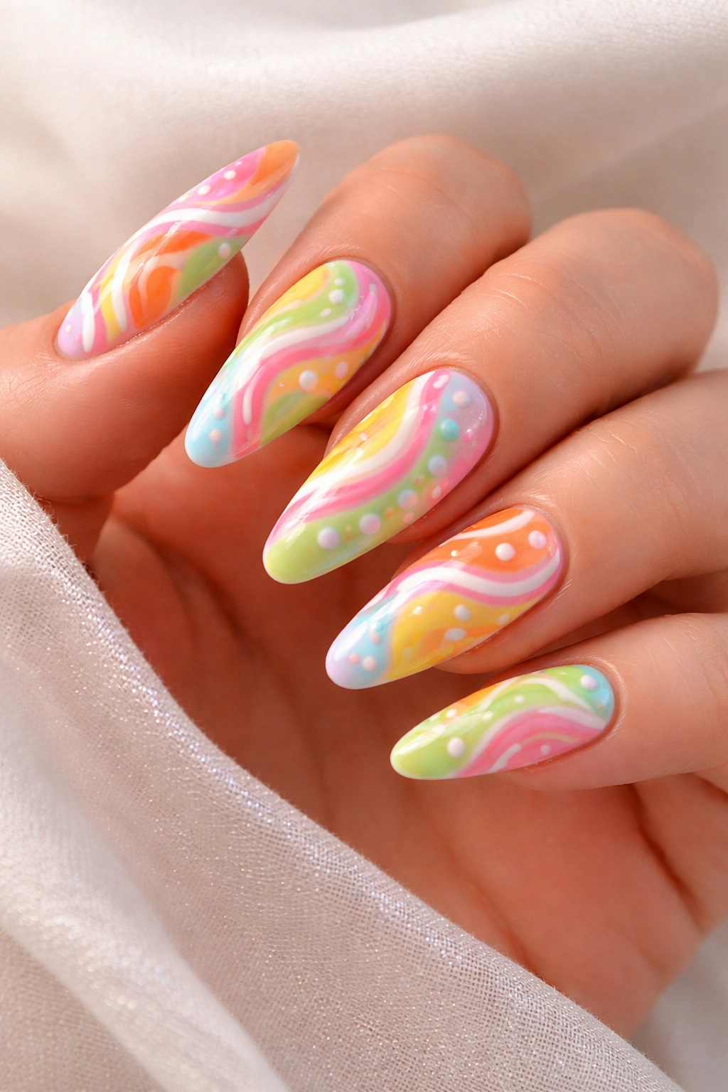 Close-up of nails with flicked strokes and dotted retro patterns in pink and white