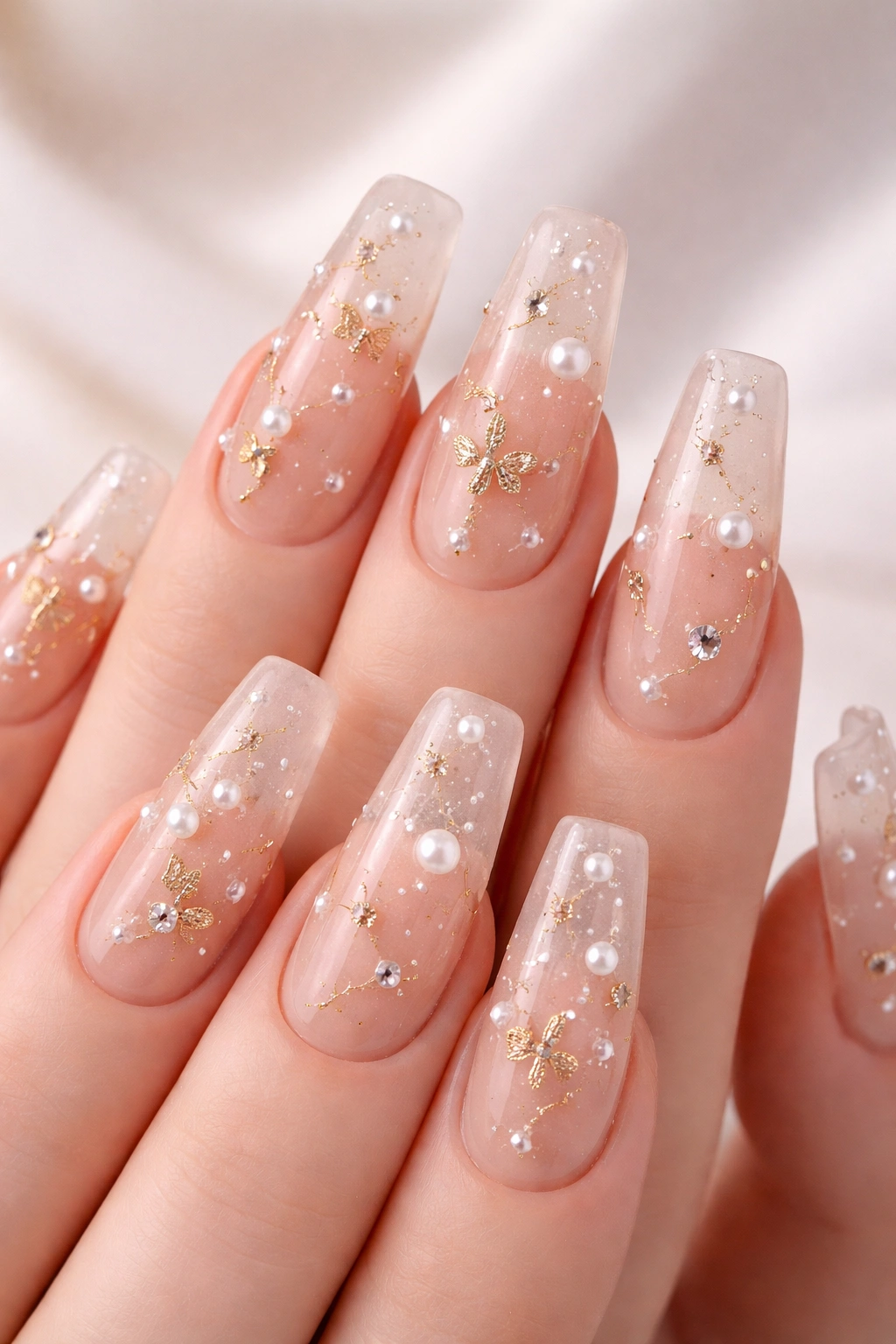 Nails with floating charms on a sheer nude base