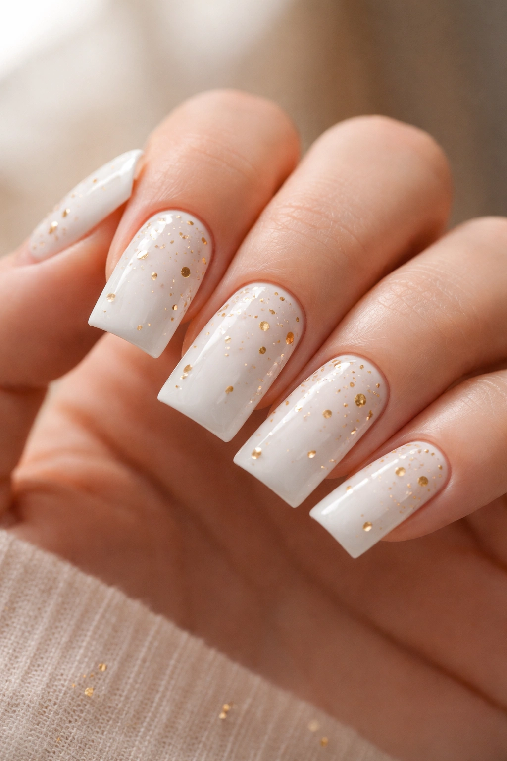 White nails with floating gold dots and tiny accent elements