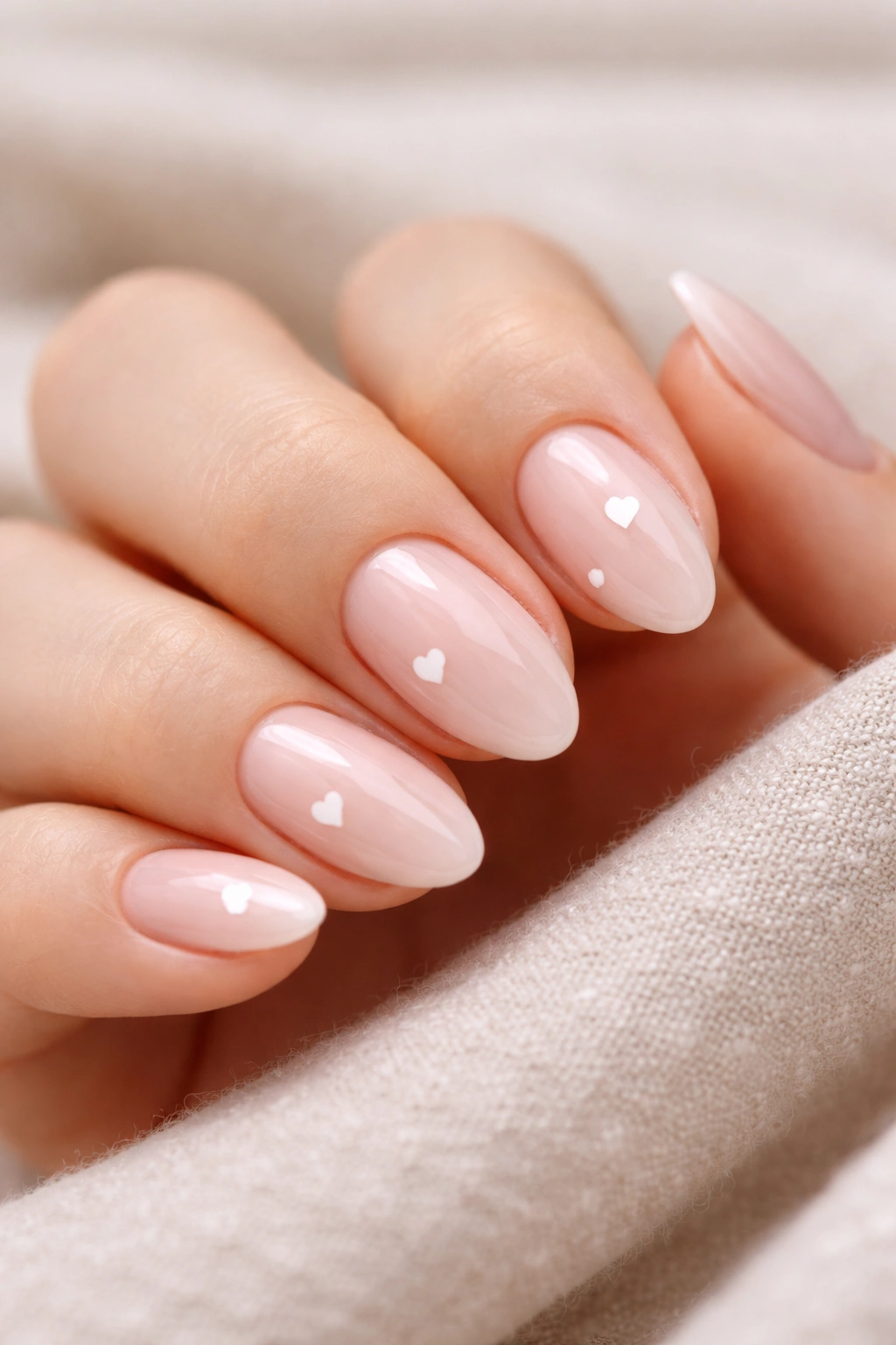 Hands showing short almond nails with tiny white hearts arranged in scattered positions on a sheer nude base