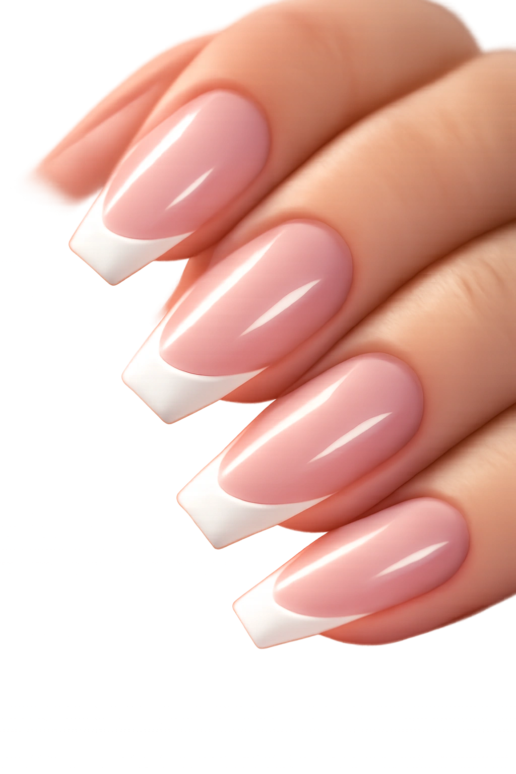 Close-up of ballerina nails showing floating French lines on a clear blush base with a small gap above the edge