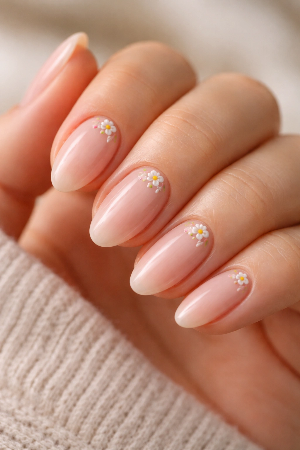 Close-up of a short almond nail with a tiny floral accent near the base