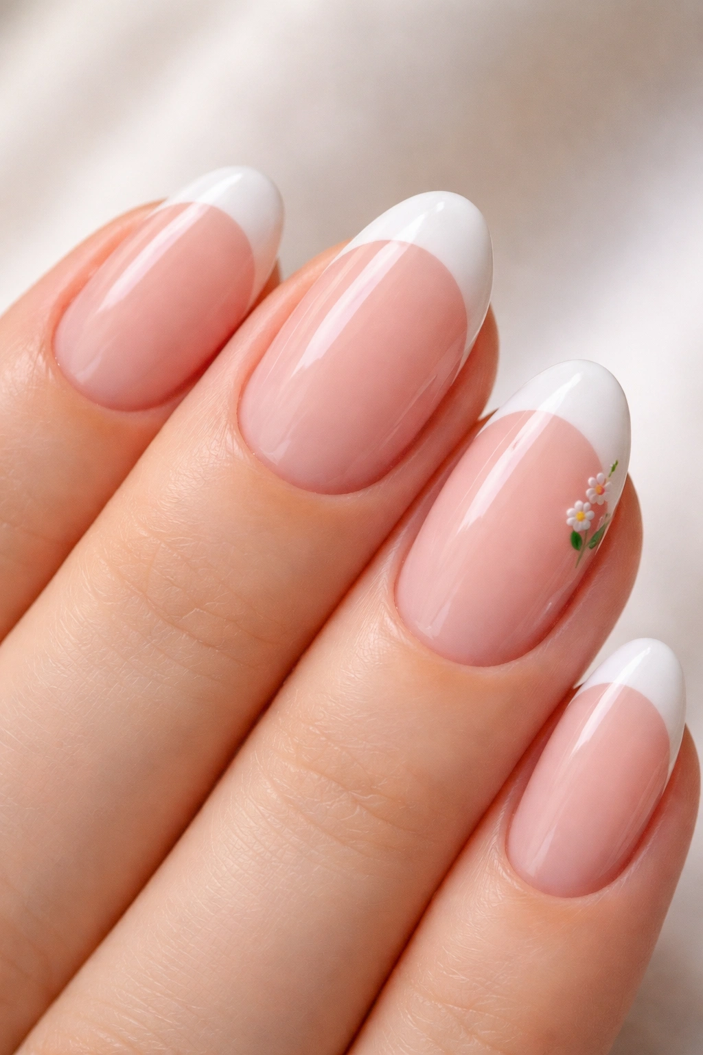 Close-up of a short almond nail with a tiny floral decal at the smile line