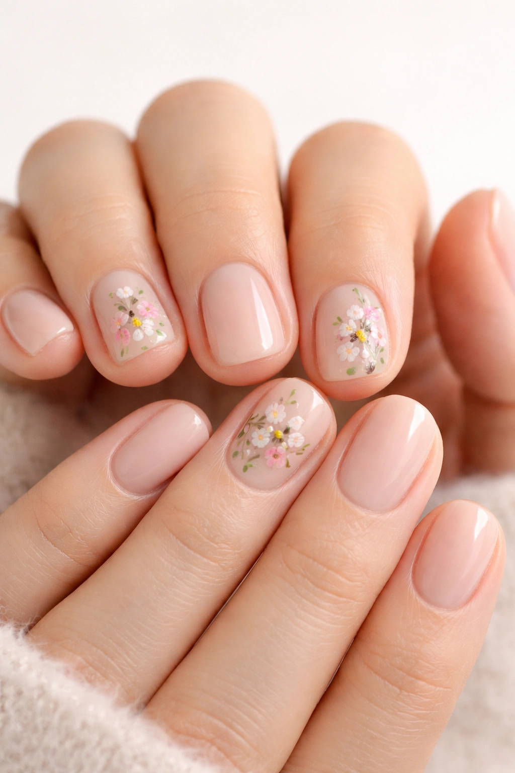 Close-up of short nails with tiny floral accents on one accent nail.