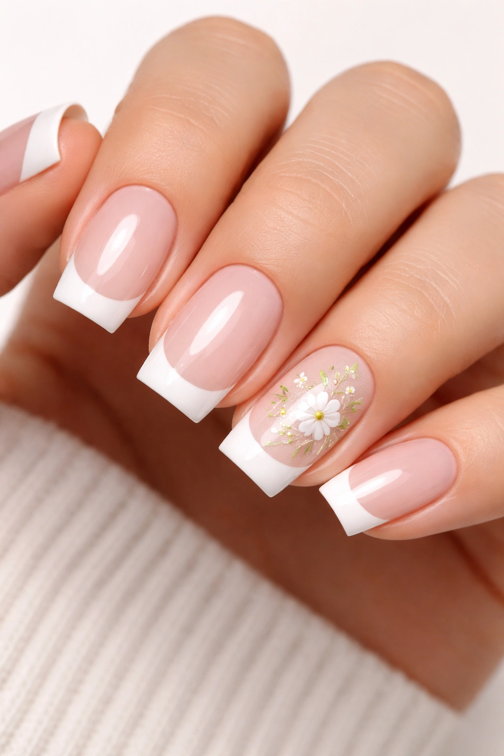 Close-up nails with white tips and a floral accent nail on a soft square manicure.