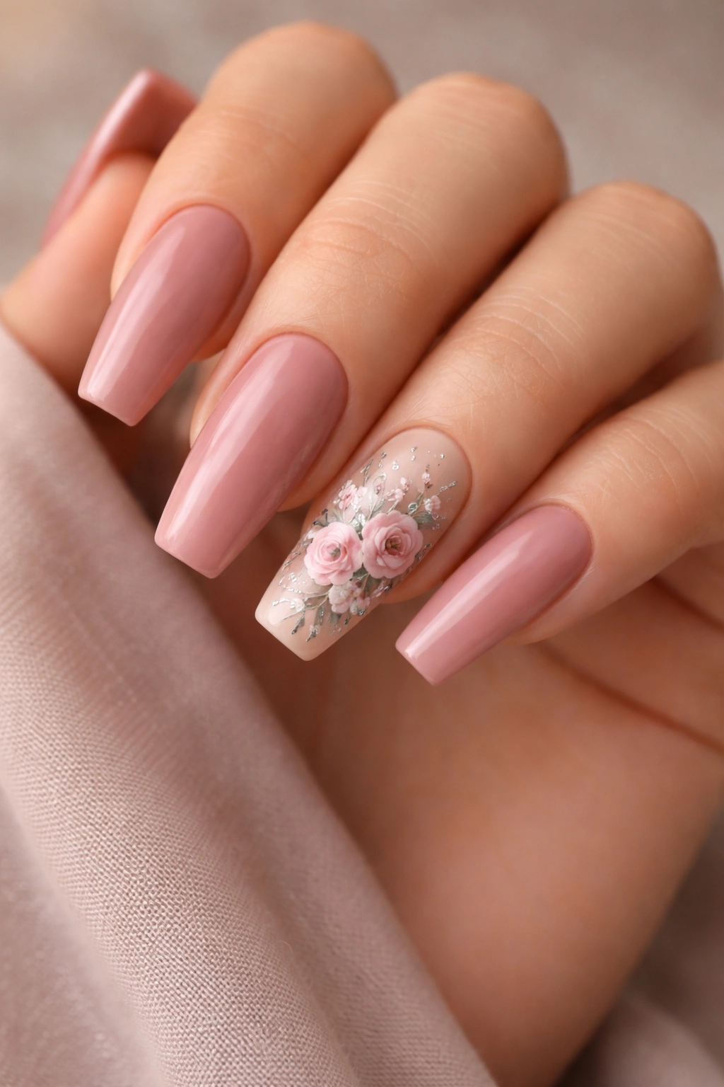 Close-up of nails showing dusty rose base with floral accent nails featuring roses and foliage