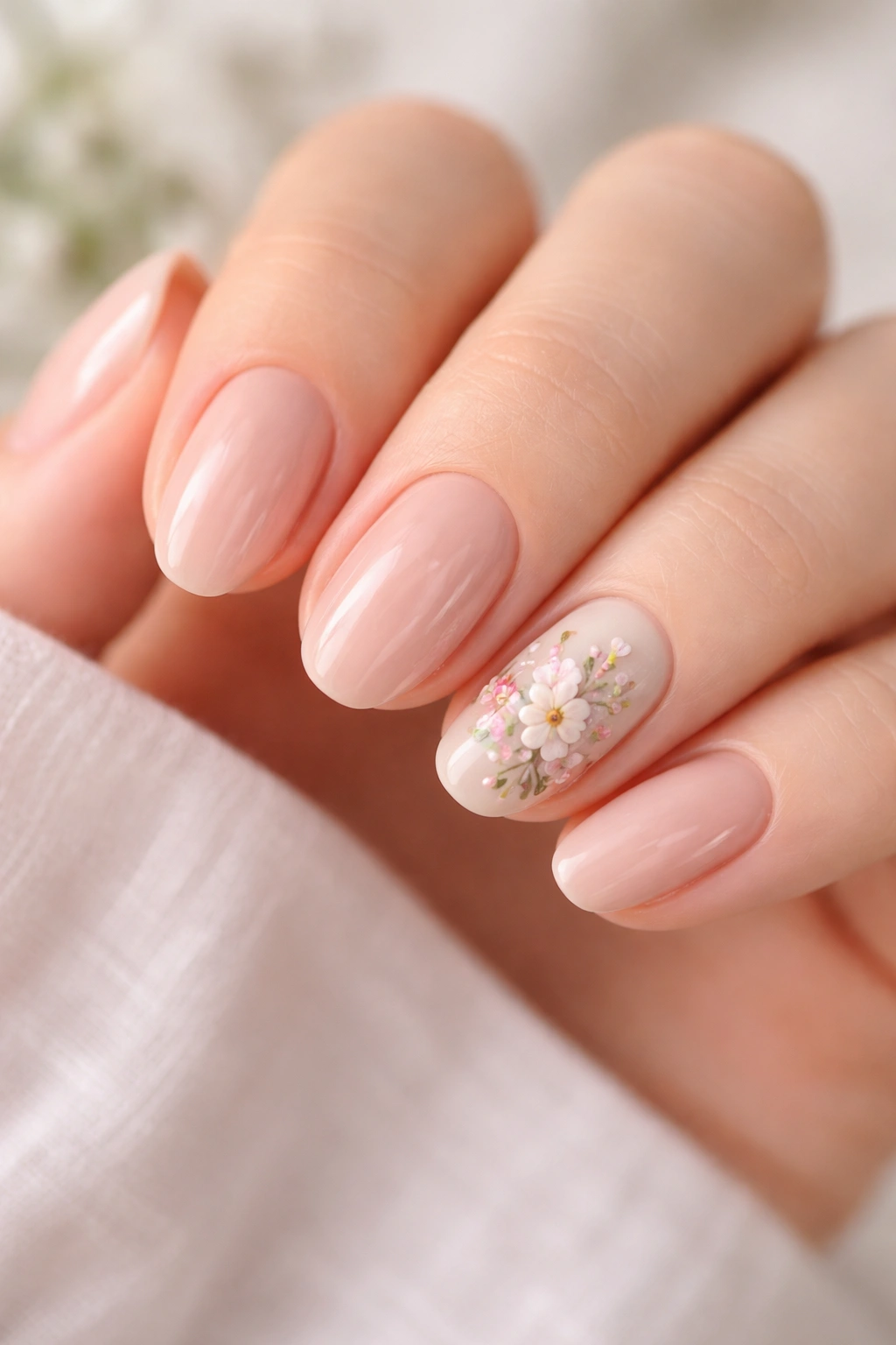 Nails with glossy nude base and floral accent on one or two nails
