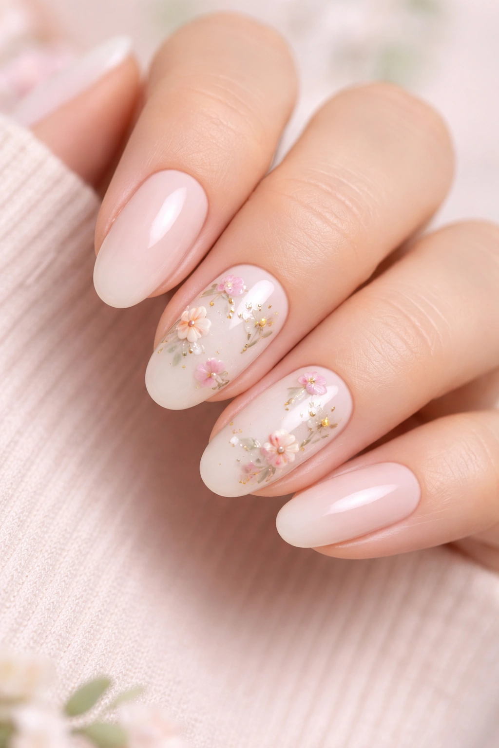 Hand with delicate floral accent nails on neutral base