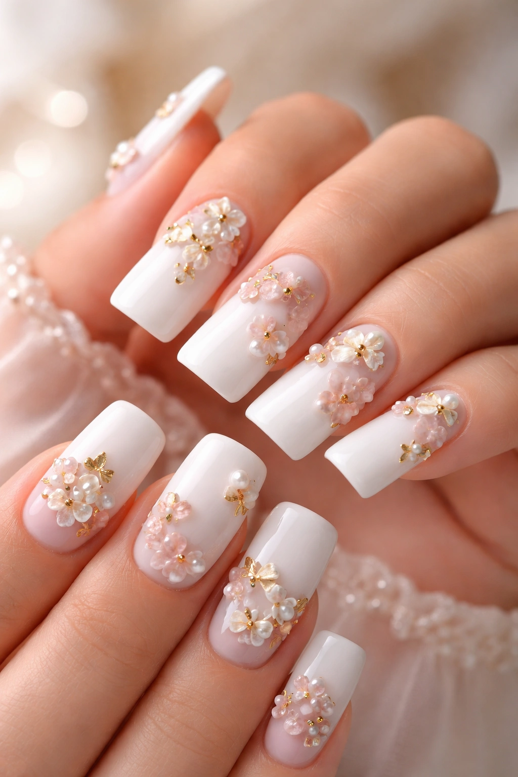 Close-up of Romantic Floral Charm White Duck Nails with small floral charms.