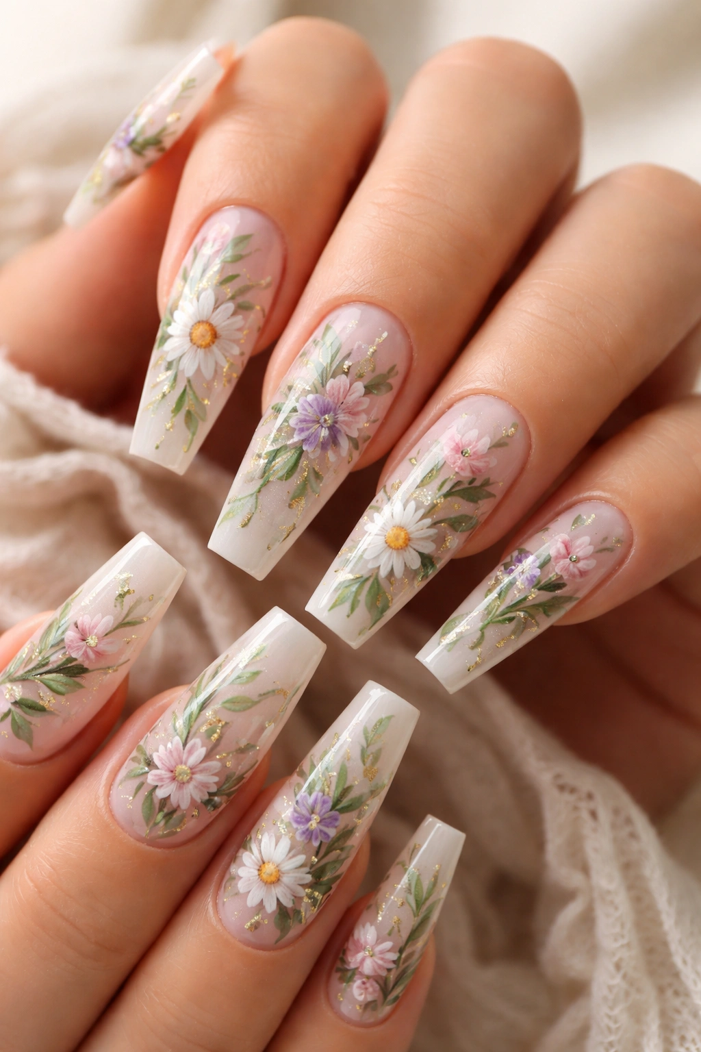 Coffin nails with floral botanical nail art on a hand