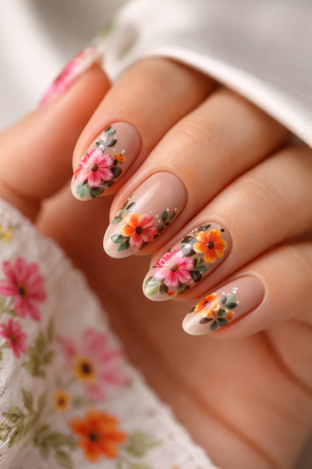 Close-up of short almond nails showing bold floral design options with high contrast.
