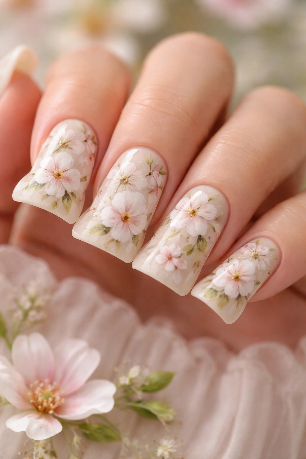 Duck nails with soft floral designs including white and pink flowers and green leaves on a pale nude base.