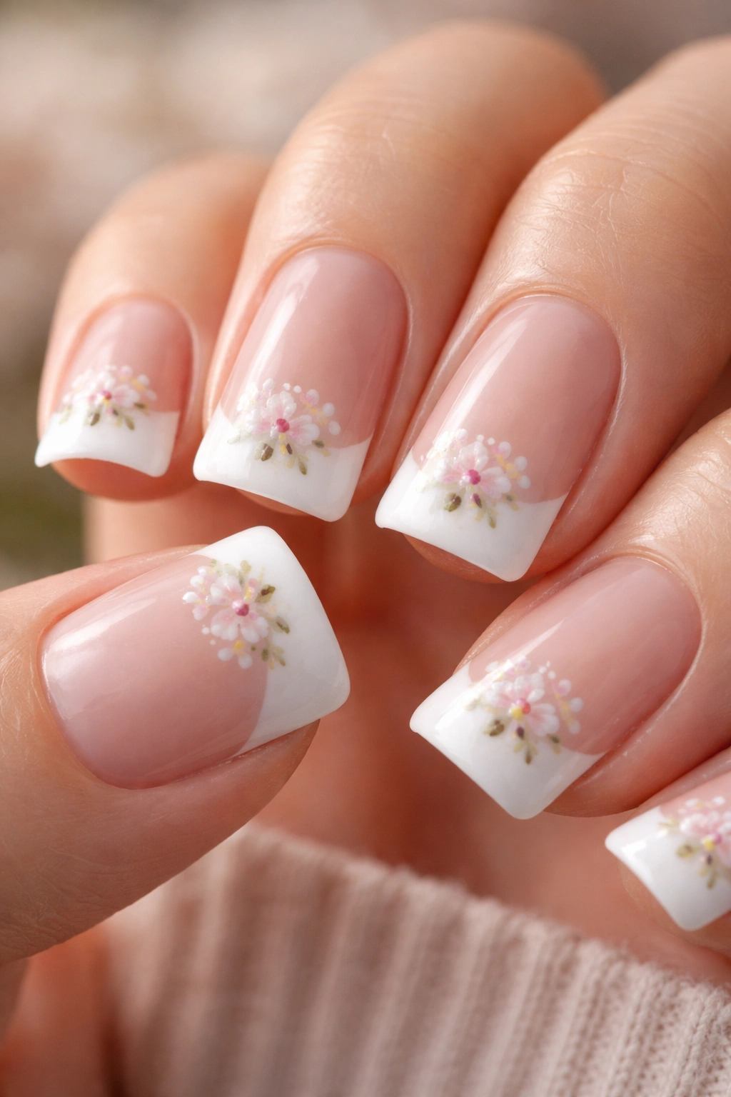Close-up of short nails with small floral accents on the duck-tip