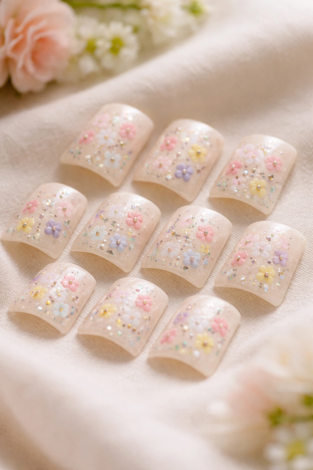 Close-up of floral duck nails with tiny flowers on a pale base